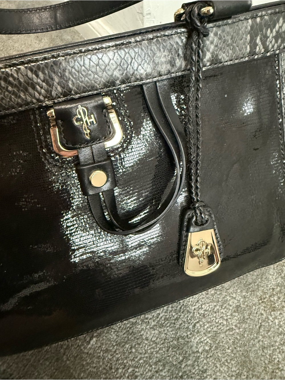 Cole Haan Black "Gracie Hayden Satchel" Handbag Purse - Snakeskin - vintage 90s - Picture 3 of 9
